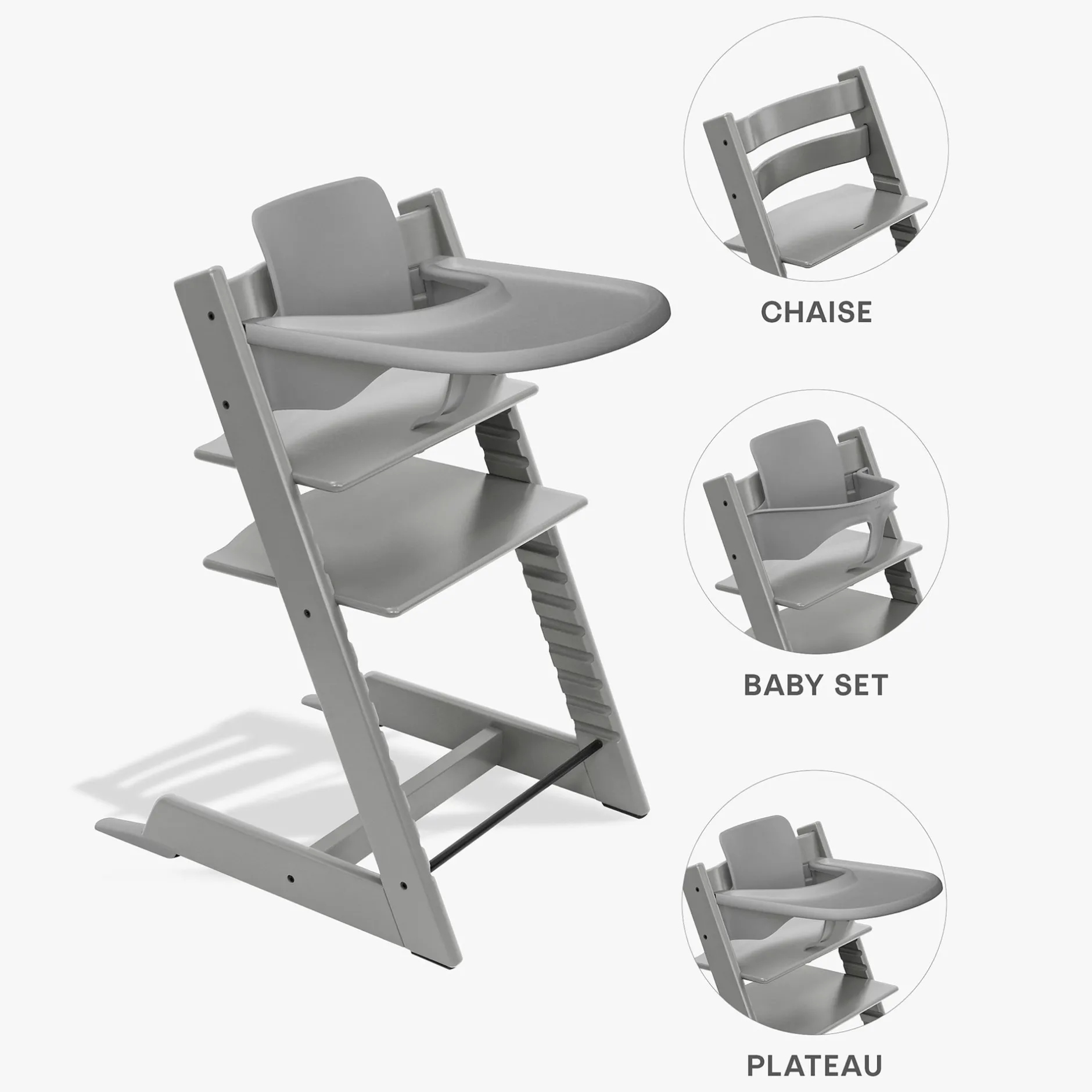 Chaises Hautes Évolutives*Stokke® Tripp Trapp® Pack Chaise haute + Baby Set + Plateau de Gris Tempête