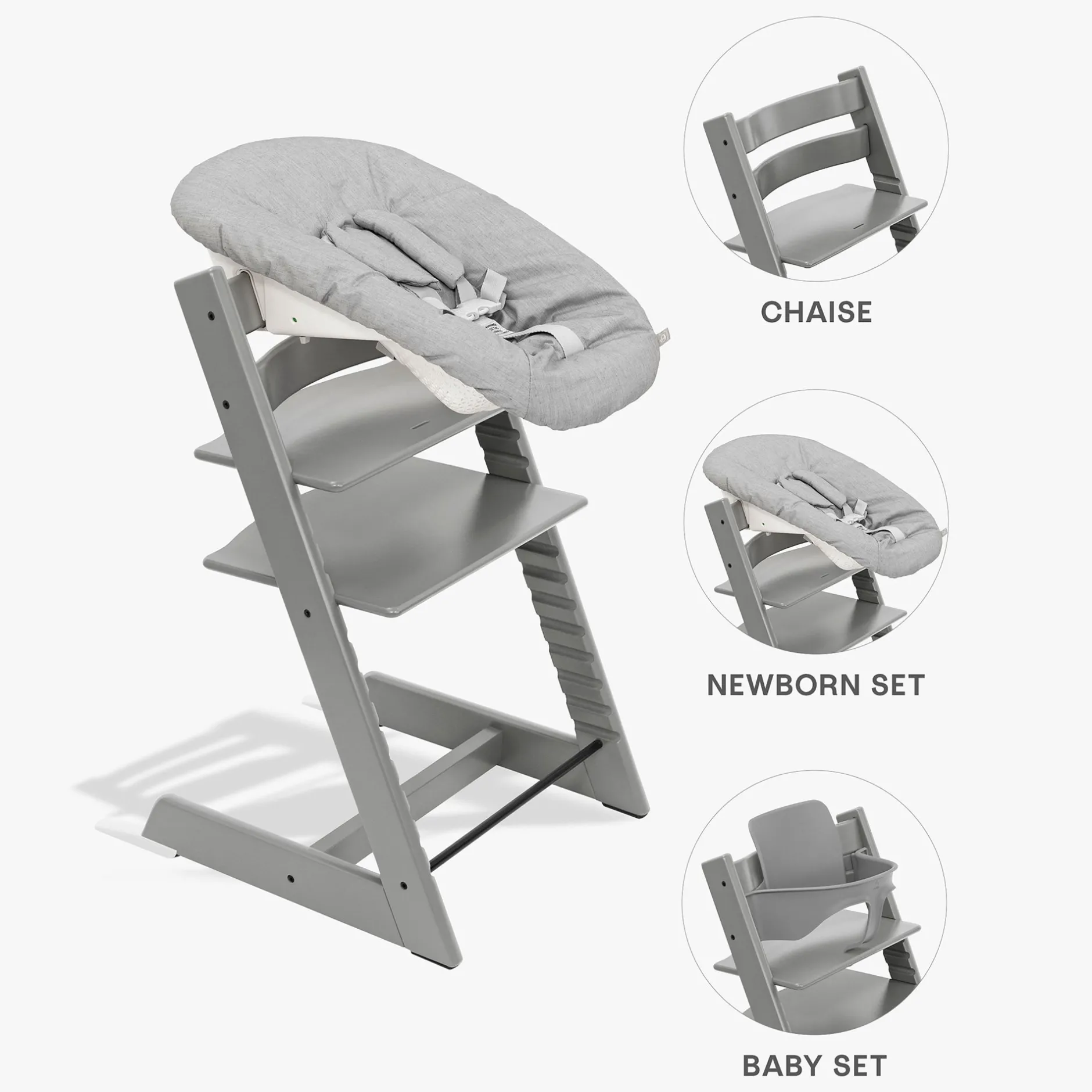 Chaises Hautes Évolutives*Stokke® Tripp Trapp® Pack Chaise haute + Baby Set + Newborn Set de Gris Tempête / Gris